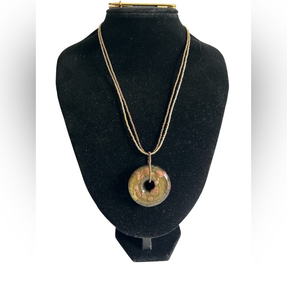 Murano Green With Gold Foil Accent 2 Layer Seabead Pendant Glass Necklace